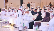 Speaker of Shura Council H E Hassan bin Abdullah Al Ghanim and Deputy Prime Minister and Minister of State for Defense Affairs H E Sheikh Saud bin Abdulrahman bin Hassan Al Thani with Their Excellencies Ministers and other dignitaries during the launch of  National Volunteer Platform.