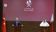 Prime Minister and Minister of Foreign Affairs H E Sheikh Mohammed bin Abdulrahman bin Jassim Al-Thani and Minister of Foreign Affairs of Turkiye H E  Hakan Fidan addressing a joint press conference in Doha yesterday. Pic: Rajan Vadakkemuriyil / The Peninsula