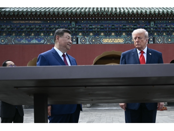 China's President Xi Jinping (C) and US President Donald Trump (R) visit the Temple of Heaven in Beijing on May 14, 2026. (Photo by Brendan Smialowski / Pool / AFP)