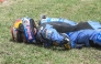 Team Gresini Racing MotoGP's Alex Marquez lies on the side of the track after crashing at high speed during the 2026 Catalunya Moto GP Grand Prix at the Catalunya racetrack in Montmelo, near Barcelona, on May 17, 2026. (Photo by JOSE JORDAN / AFP)