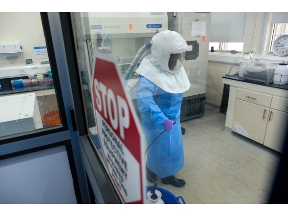 A researcher works inside the Viral Hemorrhagic Fever Laboratory at the Uganda Virus Research Institute in Entebbe, Uganda. File photo for representation.