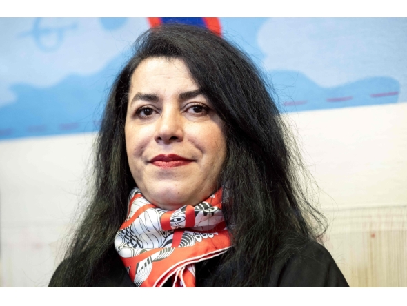 (Files) French-Iranian graphic novelist and illustrator Marjane Satrapi during the unveiling of an Olympic triptych tapestry created for the Paris 2024 Olympic Games on March 12, 2024. (Photo by Bertrand Guay / AFP)
 