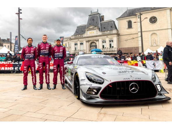 Team Qatar by Iron Lynx drivers Qatar’s Abdulla Al-Khelaifi (left), Julian Hanses (centre) and Giuliano Alesi pose ahead of their historic debut in the LMGT3 class at the 24 Hours of Le Mans.