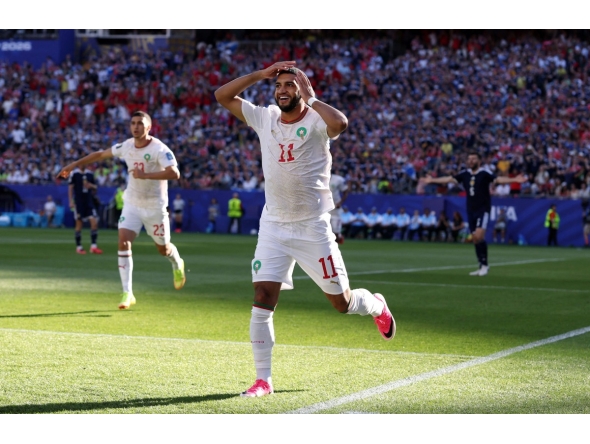 Ismael Saibari #11 of Morocco celebrates after scoring his team's first goal during the FIFA World Cup 2026 Group C match between Scotland and Morocco at Boston Stadium on June 19, 2026 in Foxborough, Massachusetts. (Photo by Justin Setterfield / GETTY IMAGES NORTH AMERICA / Getty Images via AFP)