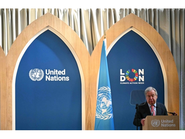 United Nations (UN) Secretary-General Antonio Guterres delivers a speech during the Climate Innovation Forum, at the Guildhall in central London, on June 23, 2026. (Photo by JUSTIN TALLIS / AFP)