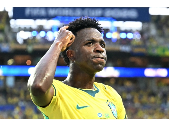 Brazil's forward #07 Vinicius Junior celebrates after scoring his team's second goal during the 2026 World Cup Group C football match between Scotland and Brazil at the Miami Stadium in Miami Gardens on June 24, 2026. (Photo by Chandan Khanna / AFP)