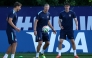 Norway's forward #09 Erling Braut Haaland (C) takes part in a training session on the eve of Norway's 2026 World Cup football tournament Group I football match against France at New England Revolution Training Centre in Foxborough, near Boston (Photo by FRANCK FIFE / AFP)
