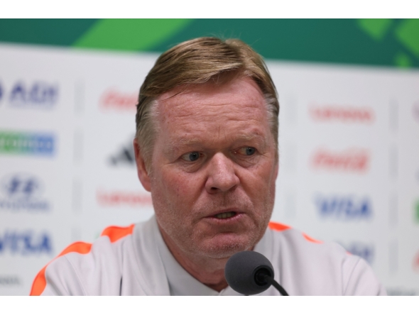 Netherlands' head coach Ronald Koeman speaks during a press conference on the eve of the 2026 World Cup Round of 32 football match between the Netherlands and Morocco at Monterrey stadium in Monterrey, Mexico on June 28, 2026. (Photo by Julio Cesar Aguilar / AFP)