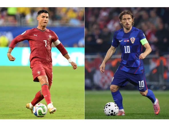 This combination of pictures created on July 1, 2026, shows Portugal's forward #07 Cristiano Ronaldo (L) in Miami Gardens on June 27, 2026; and Croatia's midfielder #10 Luka Modric (R) running with the ball in Zagreb on October 12, 2025. (Photo by Roberto Schmidt / AFP)
 