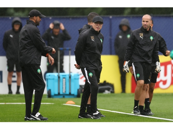 Morocco's head coach Mohamed Ouahbi (C) takes part in a training session at the New England Revolution Training Centre in Foxborough, near Boston, on July 7 2026, during the 2026 World Cup football tournament. (Photo by Franck Fife / AFP)