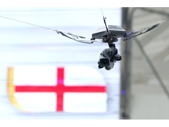 The spidercam is seen during the match between Norway and England at Miami Stadium on Saturday.