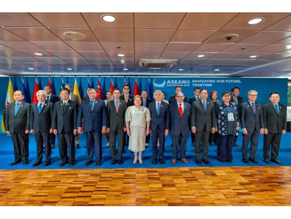 (Front row L-R) Myanmar Permanent Secretary Hau Khan Sum, Malaysia's Secretary-General of the Ministry of Foreign Affairs Amran Mohamed Zin, Thailand's Deputy Prime Minister and Foreign Minister Sihasak Phuangketkeow, East Timor's Foreign Minister Bendito dos Santos Freitas, Vietnam's Deputy Foreign Minister Dang Hoang Giang, Philippine Foreign Secretary Theresa Lazaro, Singapore's Permanent Secretary of Foreign Affairs Albert Chua, Brunei's Foreign Minister Erywan Yusof, Cambodia's Deputy Prime Minister and Foreign Minister Prak Sokhonn, Indonesia's Director General for ASEAN Cooperation Ina Hagniningtyas Krisnamurthi, Laos Foreign Minister Thongsavanh Phomvihane, and ASEAN Secretary-General Kao Kim Hourn pose for a photo with representatives from the ASEAN Intergovernmental Commission on Human Rights (AICHR) Representatives during the ASEAN Foreign Ministers' Meeting at the Philippine International Convention Center in Pasay, Metro Manila on July 20, 2026. (Photo by Ezra Acayan / POOL / AFP)