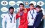 Qatar wrestler Shahin Eidimohammad Badaghimofrad (left) poses with the 82kg medal winners during the podium ceremony after claiming silver medal. 