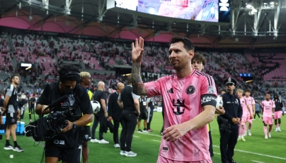 Lionel Messi #10 of Inter Miami CF celebrates scoring his team's third goal during the Leagues Cup Phase One match between Inter Miami CF and Atletico San Luis at Nu Stadium on August 05, 2026 in Miami, Florida.  (Photo by Megan Briggs /Getty Images via AFP)
