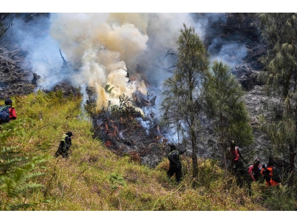 Firefighters battle a wildfire in the Bromo Tengger Semeru National Park near Mount Bromo in Probolinggo, East Java province on August 6, 2026. (Photo by JUNI KRISWANTO / AFP)