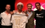 Newly recruited Brazilian football player Ronaldinho poses on stage with the jersey of Ravenna FC next to the president of the club, Ignazio Cipriani (R) during the team presentation in Marina di Ravenna on August 20, 2026. (Photo by Stefano RELLANDINI / AFP)
