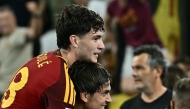 Roma's Argentinian forward #18 Matيas Soulé (L) celebrates with team mate Argentinian forward #21 Paulo Dybala (R) after scoring a goal during the Italian Serie A football match between Roma and Atalanta at the Olympic Stadium in Rome on September 5 2026. (Photo by Filippo MONTEFORTE / AFP)