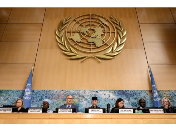 UN High commissioner for Human Rights Volker Turk (3rd L) delivers his speech during the 63rd session of United Nations (UN) Human Rights Council, in Geneva, on September 7, 2026. T(Photo by Fabrice COFFRINI / AFP)
 