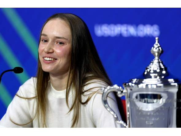 Elena Rybakina of Kazakhstan fields questions from the media after defeating Aryna Sabalenka in their Women's Singles Final match on Day Fourteen of the 2026 US Open. Matthew Stockman/Getty Images/AFP 