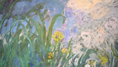 This photograph shows a detail of French painter Claude Monet’s Iris, 1924–1925, during a preview of 28 Impressionist works of the Schlumberger Collection unveiled ahead of the October 22, 2026, sale at Sotheby’s auction house in Paris on September 17, 2026. (Photo by LOU BENOIST / AFP)