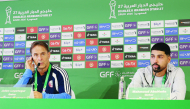 Qatar coach Julen Lopetegui (left) and Qatar goalkeeper Mahmoud Abunada speak during a press conference ahead of their Gulf Cup opener against defending champions Bahrain in Jeddah yesterday.