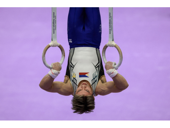 Philippines' Carlos Edriel Yulo competes on the rings in the men's artistic gymnastics team final during the 2026 Asian Games at the Nagoya City General Gymnasium in Nagoya, Aichi prefecture on September 23, 2026. (Photo by DAVID GRAY / AFP)
