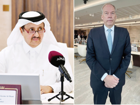 QC Chairman Sheikh Khalifa bin Jassim bin Mohammed Al Thani (left) and Under-Secretary of State and Deputy Minister for International Trade of the Republic of Finland H E Jarno Syrjälä.
