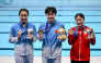 Silver medallist China's Chen Jia (L), gold medallist China's Chen Yiwen (C) and bronze medallist Japan's Sayaka Mikami (R) pose following the victory ceremony of the women's 3m springboard final diving event. (Photo by Andrew Caballero-Reynolds / AFP)