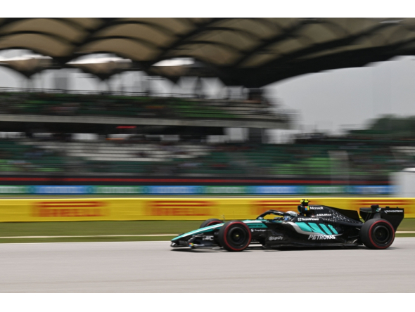 Mercedes' Italian driver Kimi Antonelli steers his car during the third practice session ahead of the Formula One Bahrain Grand Prix in Sepang on October 3, 2026. (Photo by Jade Gao / AFP)