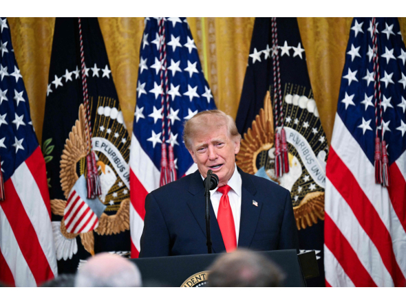 US President Donald Trump speaks during a Columbus Day celebration in the East Room of the White House in Washington, DC, on October 9, 2026. (Photo by Alex WROBLEWSKI / AFP)
