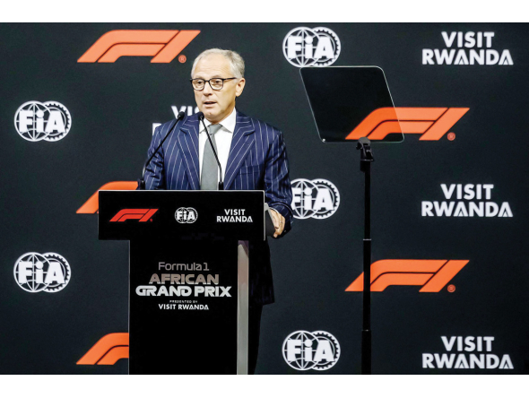 Italian motorsport executive President and CEO of the Formula One Group Stefano Domenicali delivers remarks during the announcement of the Formula 1 African Grand Prix at BK Arena in Kigali yesterday. 