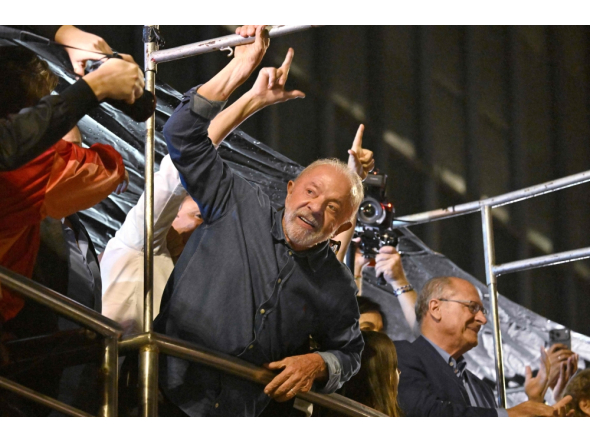 Brazil's President and presidential candidate Luiz Inacio Lula da Silva gestures to supporters after winning the presidential runoff election in Sao Paulo, Brazil, on October 25, 2026. (Photo by Juan Barreto / AFP)