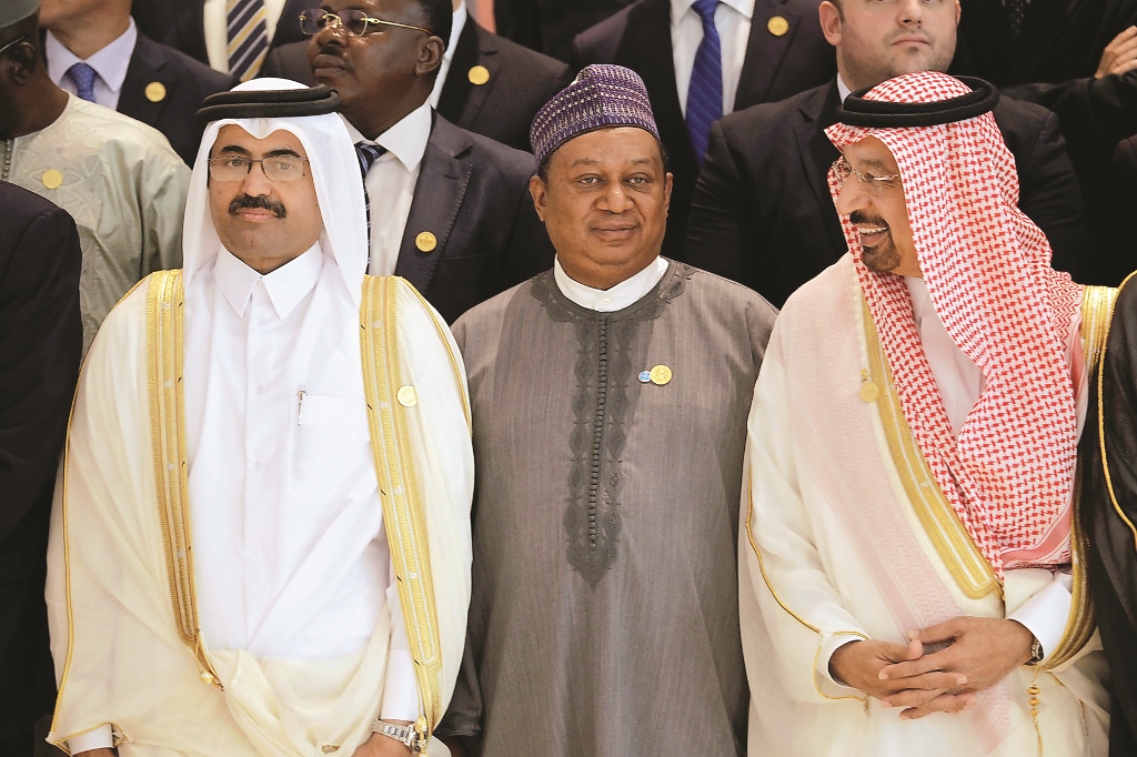 Minister of Energy and Industry and Opec President H E Mohammed bin Saleh Al Sada with Opec Secretary General Mohammed Sanusi Barkindo (centre) and Saudi Energy Minister Khalid Al Falih at the 15th International Energy Forum Ministerial (IEF15) in Algiers