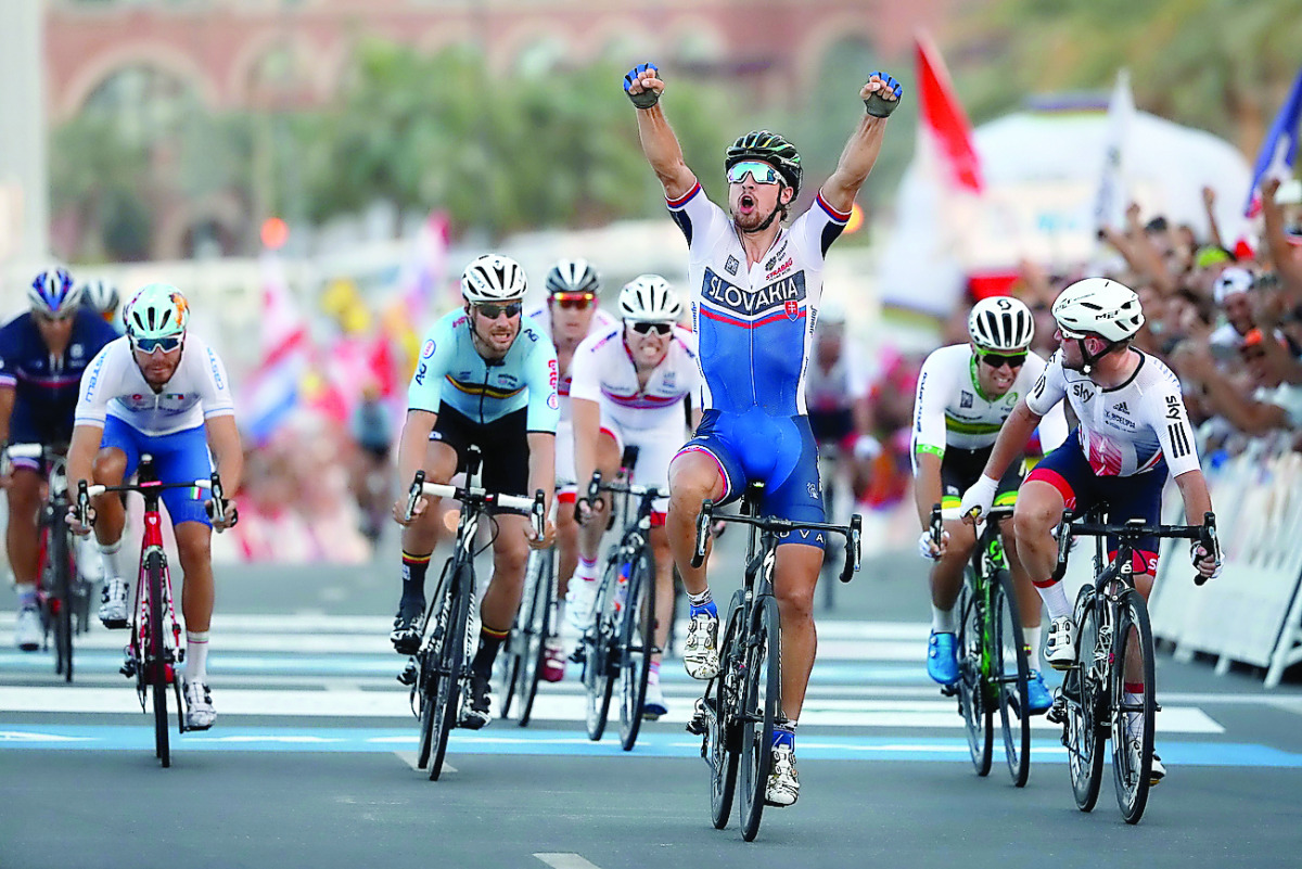 Peter Sagan of Slovakia celebrates as he wins the Men’s Elite Road Race of the UCI Road World Championships 2016, in Doha yesterday.  	                       													      Pictures by Syed Omar