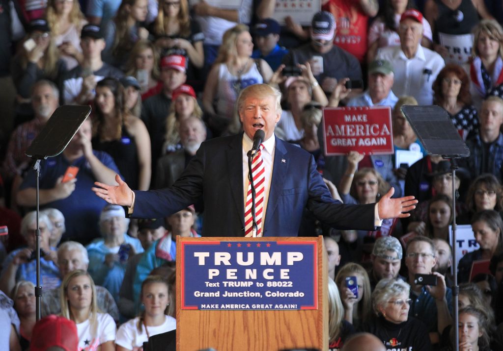 GRAND JUNCTION, CO - OCTOBER 18: Republican presidential candidate Donald Trump speaks at a rally at Grand Junction Regional Airport on October 18, 2016 in Grand Junction Colorado. Trump is on his way to Las Vegas for the third and final presidential deba