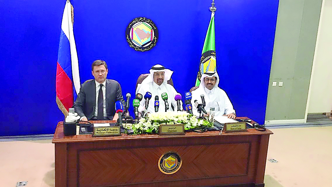 HE Dr. Mohammad bin Saleh Al Sada, Minister of Energy and Industry Qatar (right), Khalid A. Al Falih, Saudi Arabia’s Energy and Industry Minister Khalid (centre) and Alexander Novak, Russian Energy Minister, during a press conference at the GCC headquarte