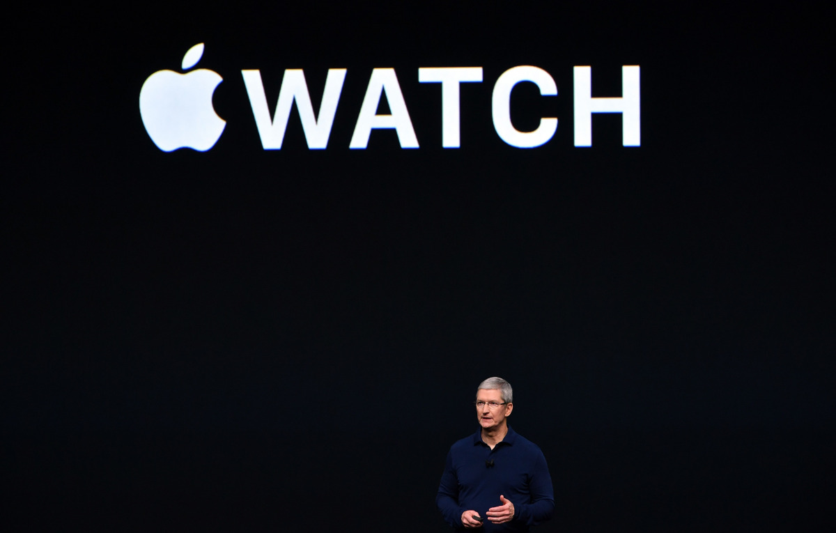 This file photo taken on September 7, 2016 shows Apple CEO Tim Cook during an Apple event inside Bill Graham Civic Auditorium in San Francisco, California Global smartwatch sales slid 51.6 percent in the third quarter, amid a steep decline for the Apple W