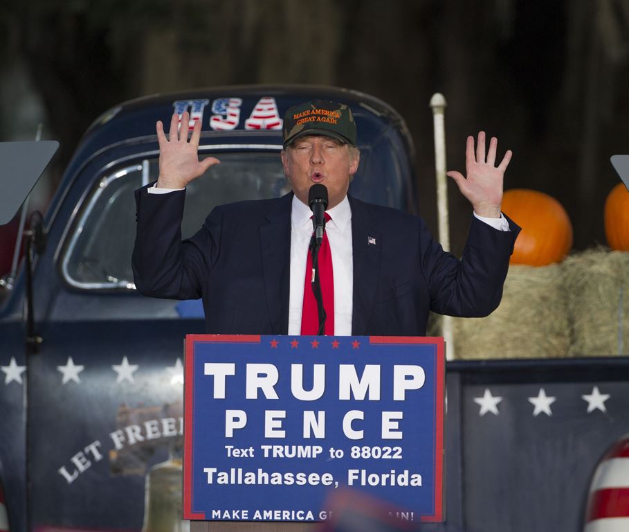 Republican presidential candidate Donald Trump speaks during a rally at the Antique Car Museum property on October 25, 2016 in Tallahassee, Florida. Mark Wallheiser/Getty Images/AFP
