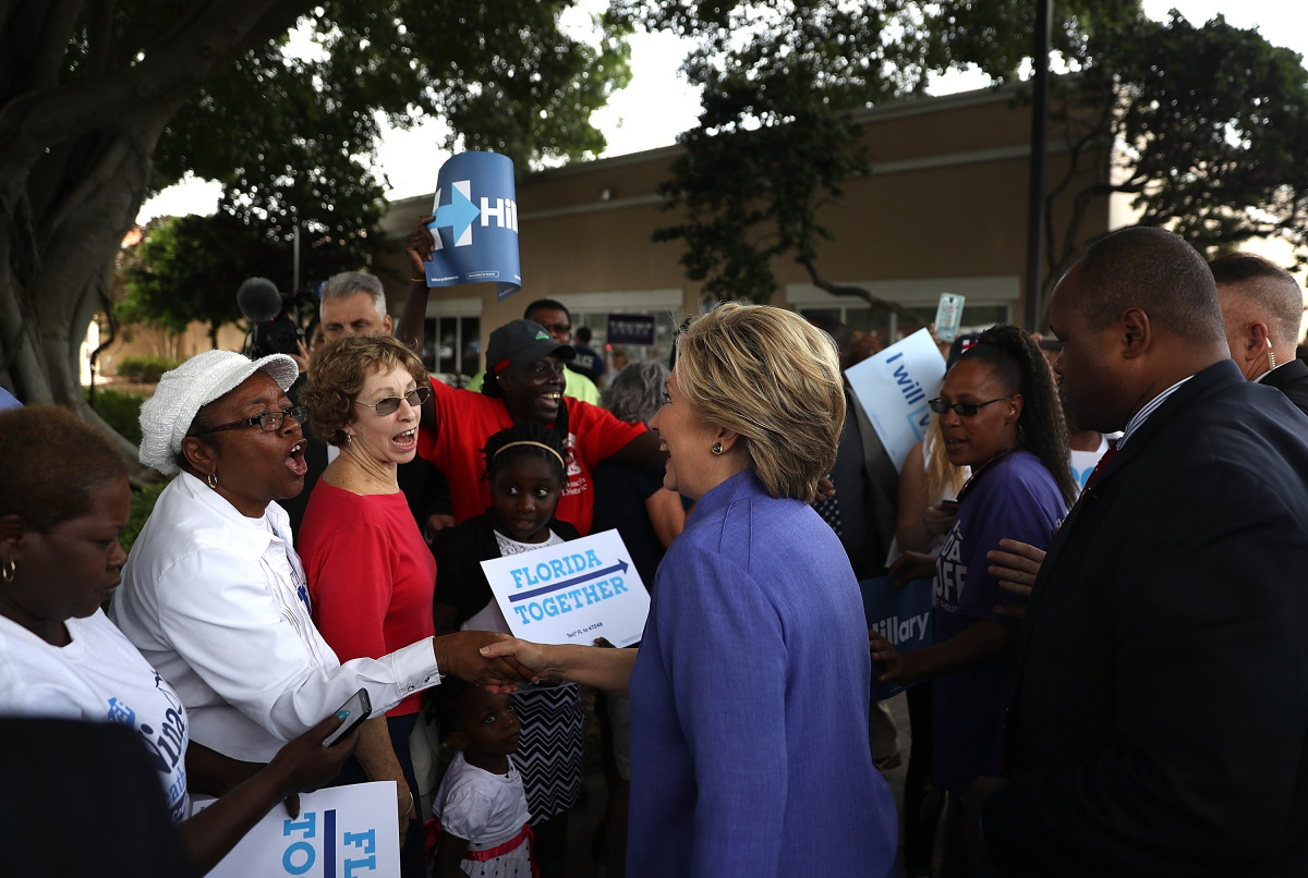 emocratic presidential nominee former Secretary of State Hillary Clinton greets early voters on October 30, 2016 in Pompano Beach, Florida. With less than two weeks to go until election day, Hillary Clinton continues to campaign in Florida and other battl