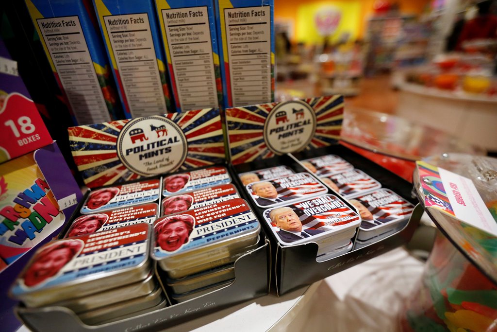 Mints inspired by Republican Presidential candidate Donald Trump and Democratic Presidential candidate Hillary Clinton are pictured at It's Sugar candy shop in Pasadena, California U.S., October 30, 2016. Reuters/Mario Anzuoni