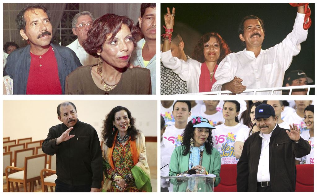 FILES) Photo composition showing Nicaraguan President Daniel Ortega and his wife Rosario Murillo in Managua on (L to R) February 18, 1995, October 16, 1996, December 4, 2013 and July 19, 2015. AFP / STF