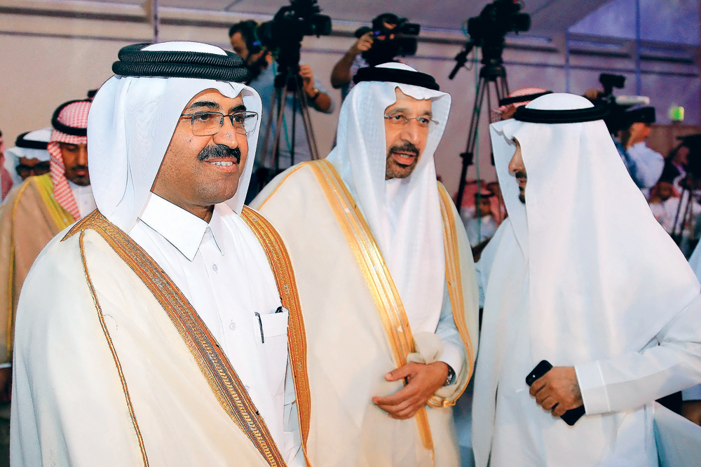 Minister of Energy and Industry H E  Mohammed bin Saleh Al Sada  and Saudi Minister of Energy, Industrial and Mineral Resources Khalid Al-Falih (second left) during the opening ceremony of the Qatari and Saudi Economic Forum in Riyadh yesterday.