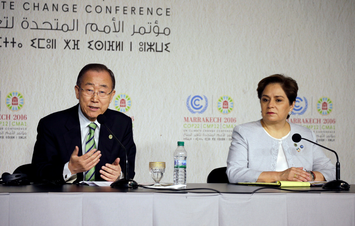 United Nations Secretary-General Ban Ki-moon speaks next to Executive Secretary of the UN Framework Convention on Climate Change Patricia Espinosa at the UN World Climate Change Conference 2016 (COP22) in Marrakech, Morocco, November 15, 2016. REUTERS/You