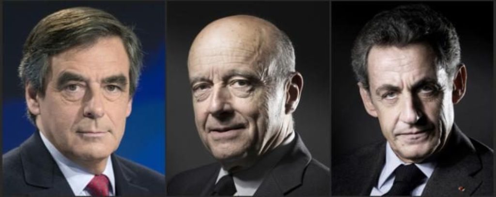 From left: Francois Fillon, lain Juppe and Nicolas Sarkozy CREDIT: KENZO TRIBOUILLARD,LIONEL BONAVENTURE/AFP