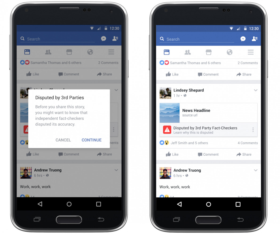 Facebook will start alerting people when third-party fact checking organizations have disputed the accuracy of an article. (Composite of images provided by Facebook)