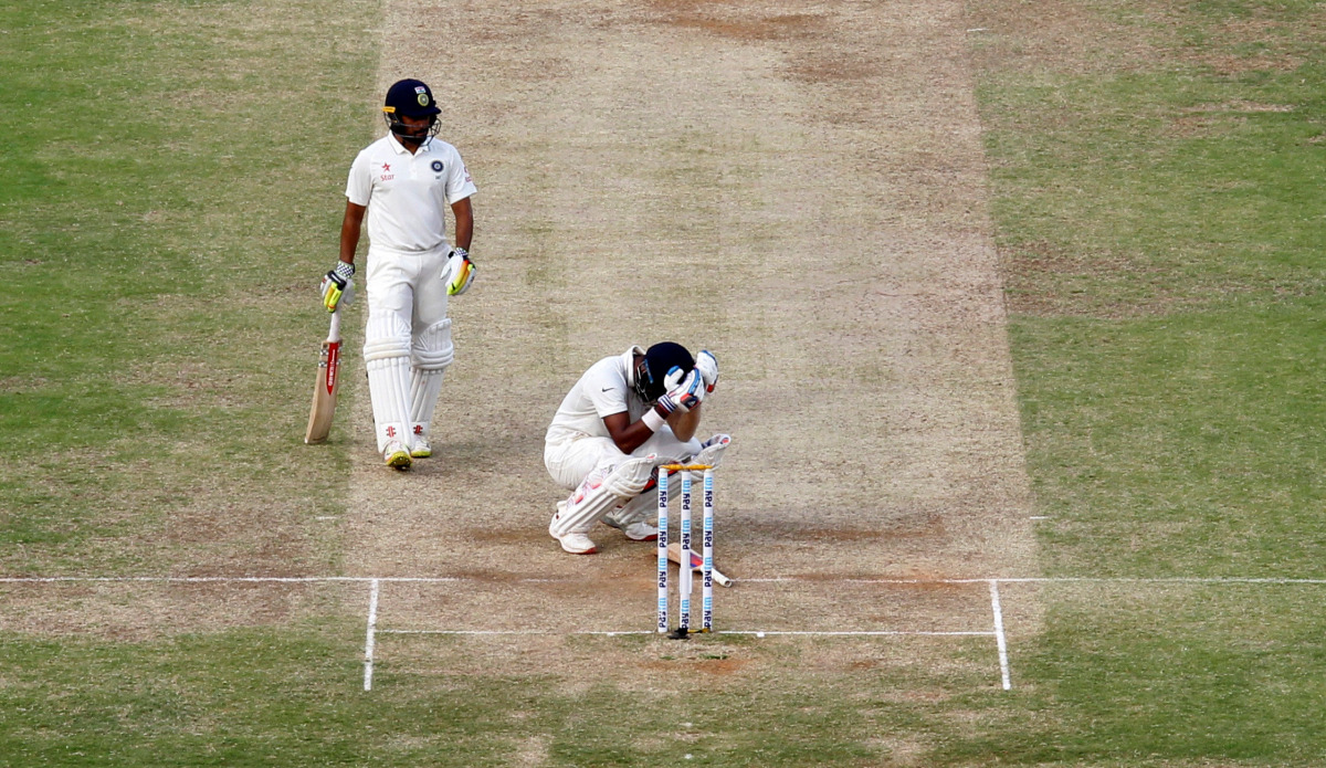 India's Lokesh Rahul reacts after being dismissed as his team mate Karun Nair looks on. (REUTERS/Danish Siddiqui)