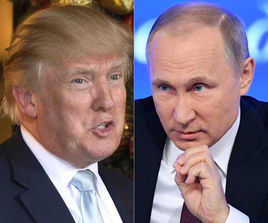 (COMBO) This combination of pictures created on December 30, 2016 shows a file photo taken on December 28, 2016 of US President-elect Donald Trump (L) in Palm Beach, Florida; and a file photo taken on December 23, 2016, of Russian President Vladimir Putin