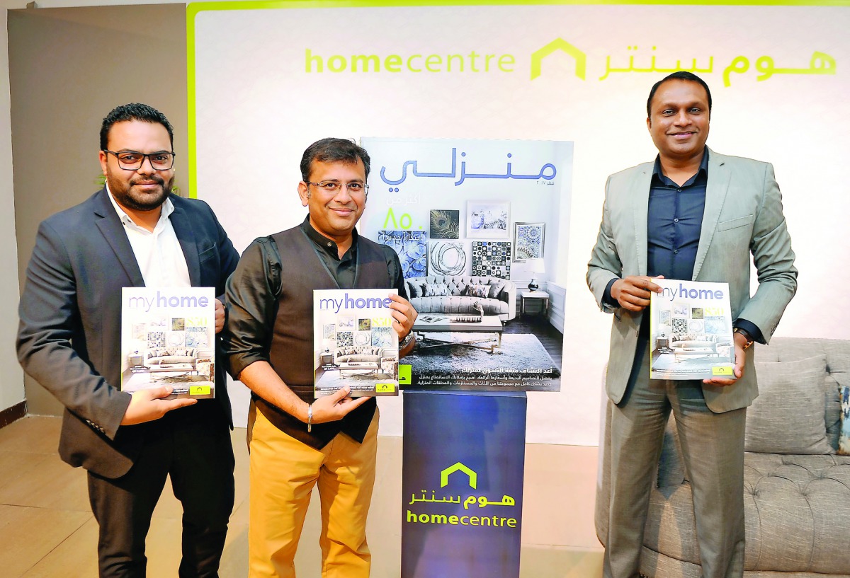 Avirup Chandra, Concept Manager Home Center (left) and Rajgopal R,  Marketing Manager LandMark Group with other official on the launch of Home Center Latest Catalogue-2017 at Al Asmak Mall Home Center yesterday. 
Pic: Abdul Basit / The Peninsula 
