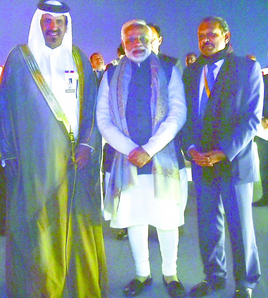 Muhammed bin Ahmed bin Towar Ali Kuwari (left), Vice Chairman of Qatar Chamber with Indian Prime Minister Narendra Modi during the Vibrant Gujarat Global Summit 2017 held at Gandhinagar, Gujarat, India.  Lulu Group Chairman and Managing Director Yusuff Al