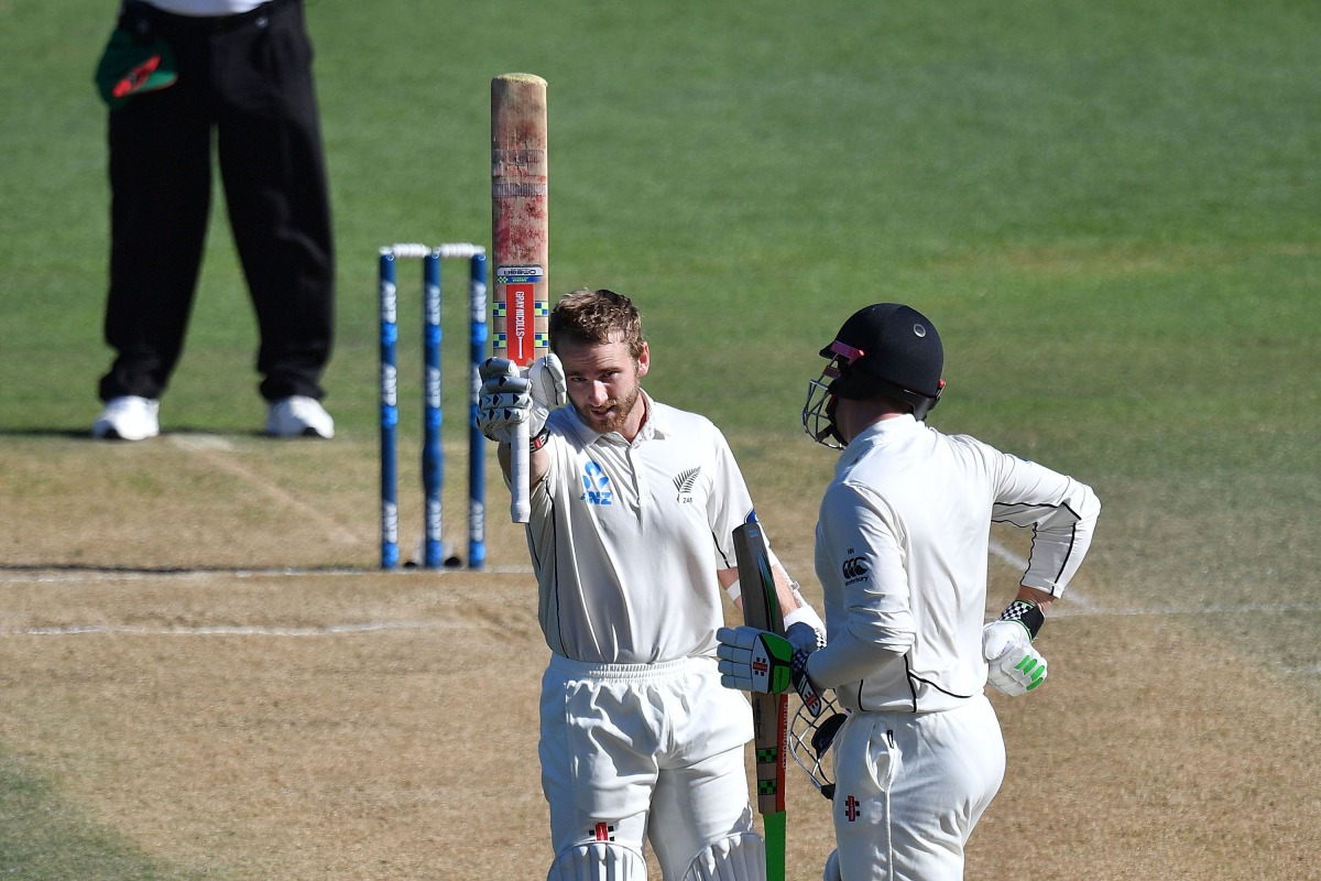 New Zealand's captain Kane Williamson (L) celebrates 100 runs with teammate Henry Nicholls during day five of the first international Test cricket match between New Zealand and Bangladesh at the Basin Reserve in Wellington on January 16, 2017. (AFP / Mart